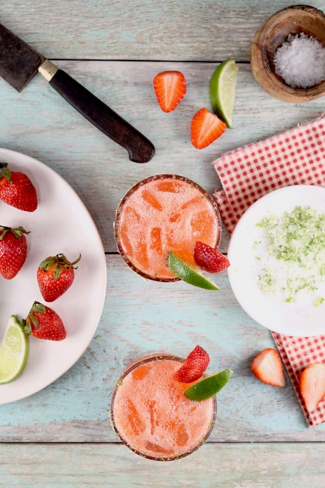 Strawberry Margaritas with fresh strawberries, fresh lime and tequila 
