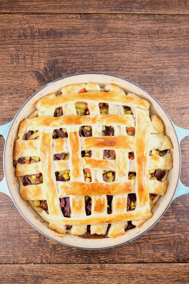 Venison Steak Pot Pie with lattice puff pastry crust
