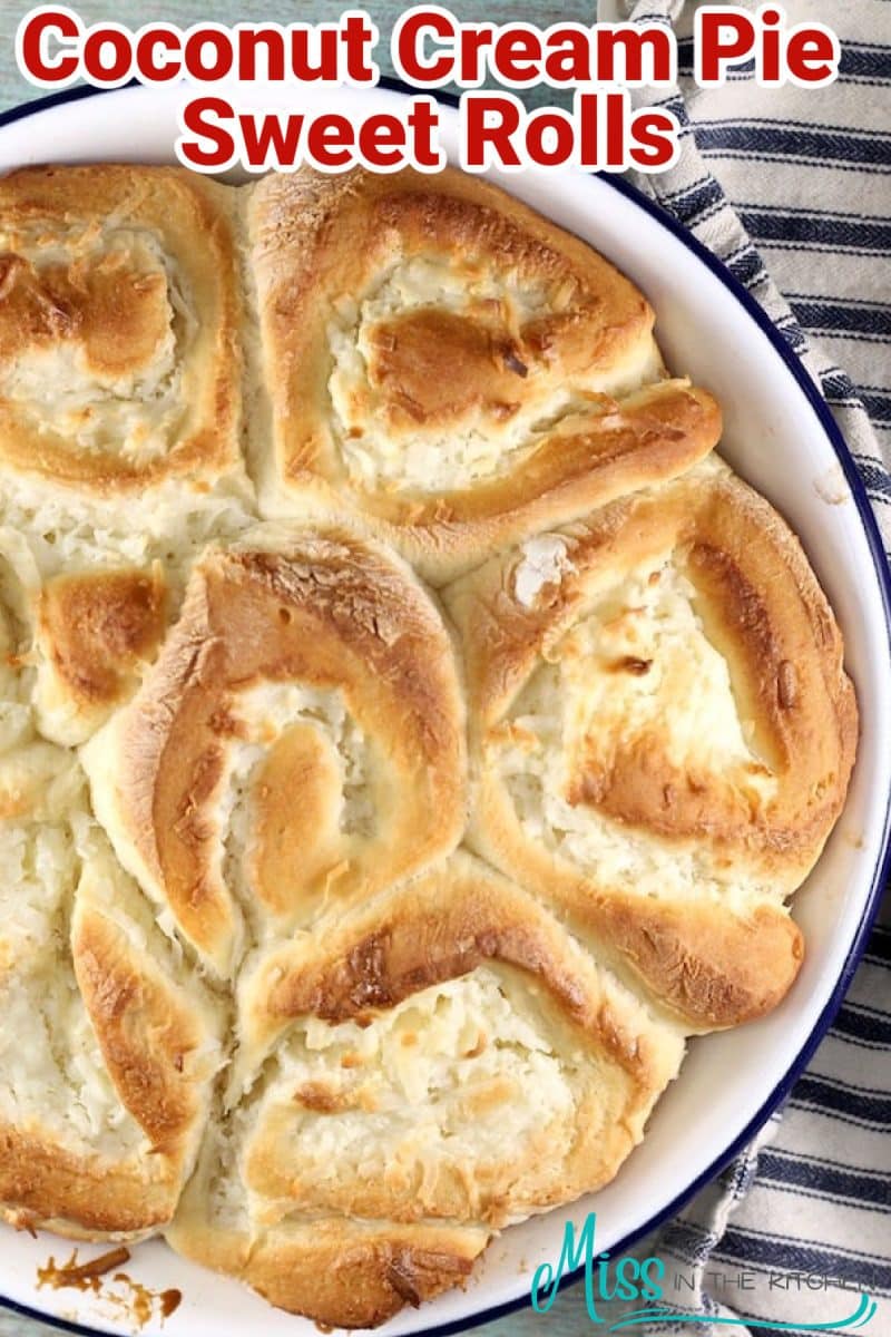 Coconut cream pie sweet rolls with text overlay.