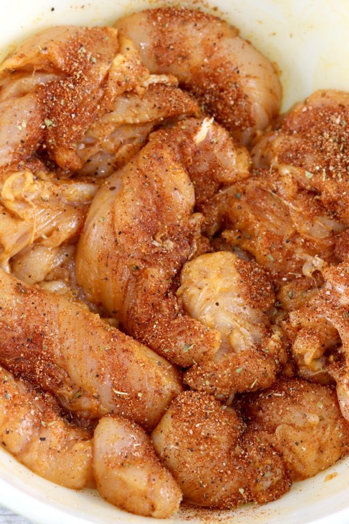 Chicken coated in olive oil and blackened seasoning