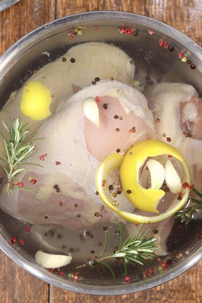 Chicken Brine with fresh rosemary, garlic, peppercorns and lemon peel.