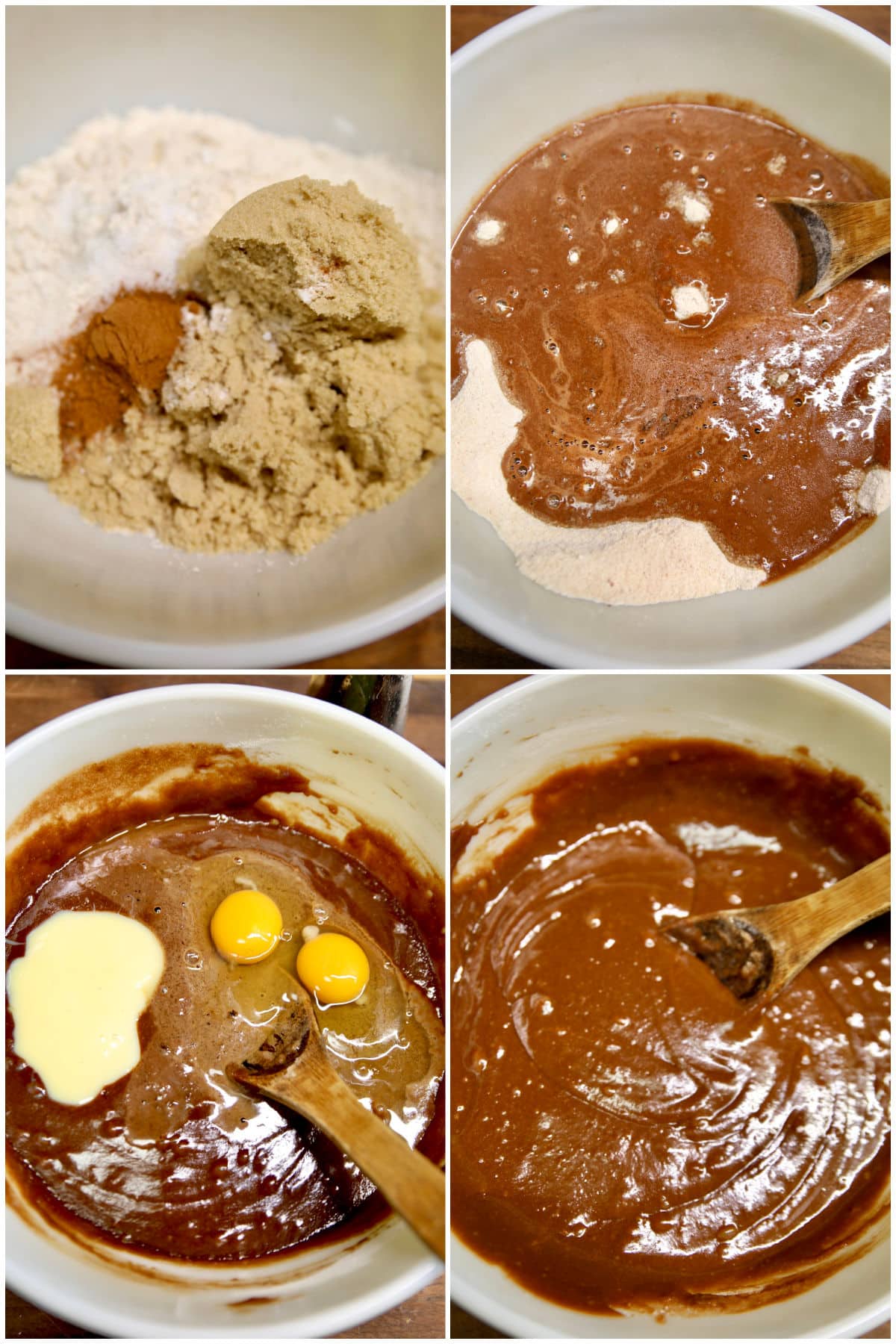 Making chocolate cake batter.