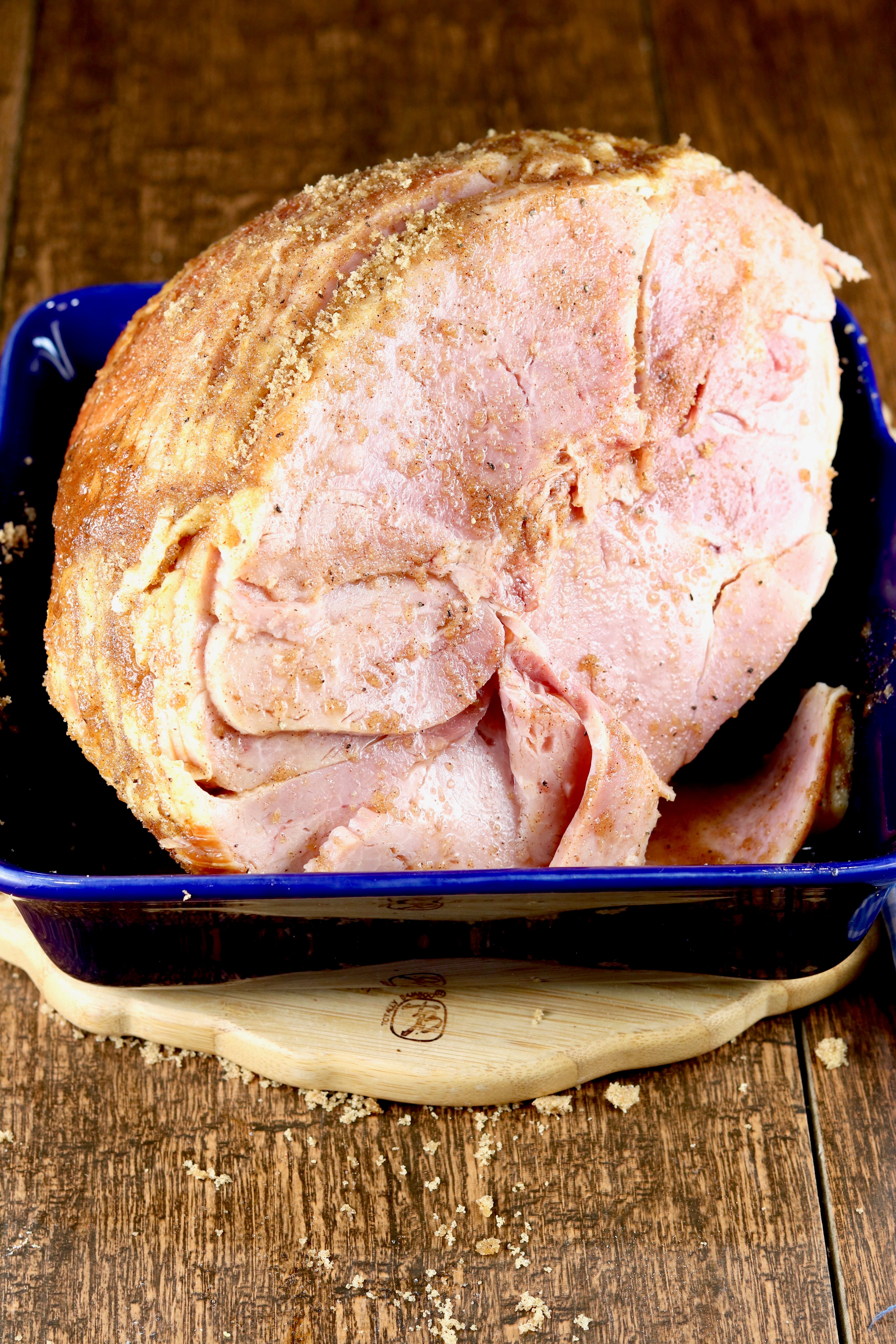 Spiral ham coated with brown sugar rub