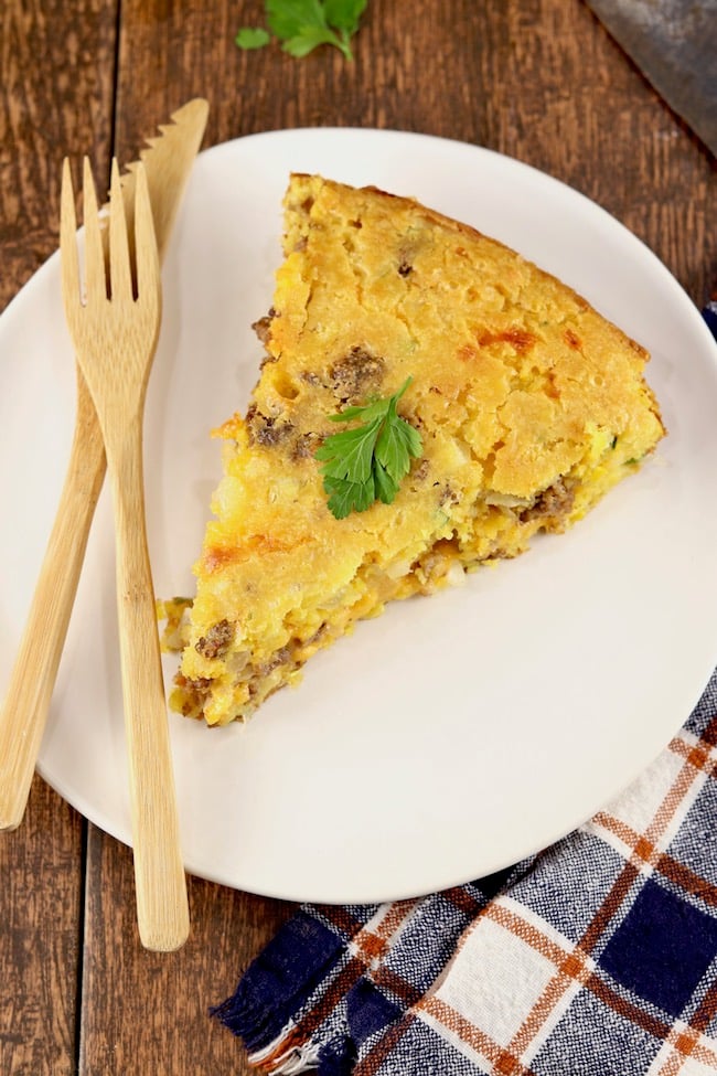 Mexican Cornbread slice on a white plate
