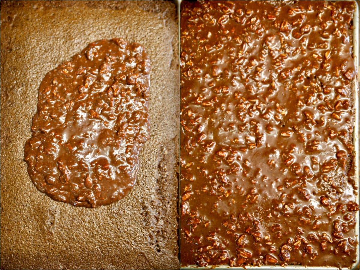 Spreading chocolate pecan frosting over sheet cake collage.