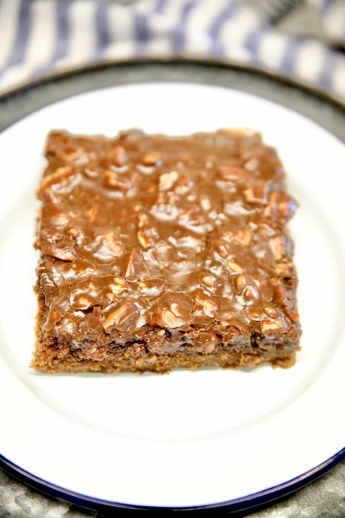 Slice of chocolate cake on a plate.