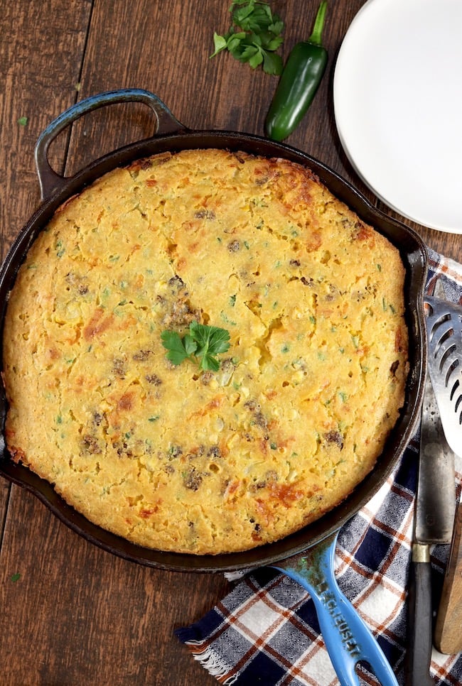 Mexican Cornbread made in an iron skillet 