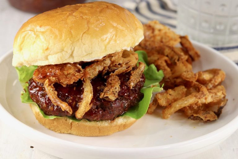 BBQ Burgers - homemade barbecue sauce, topped with crispy onion strings
