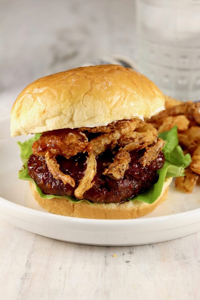 BBQ Burgers with crispy onion strings