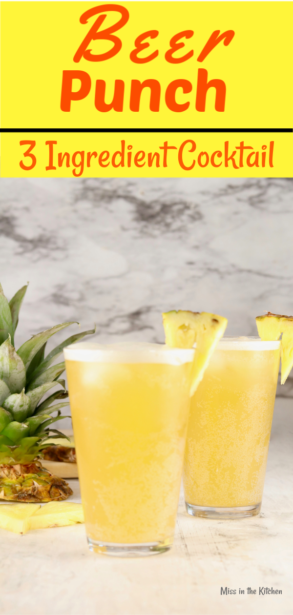 2 glasses of beer punch garnished with pineapple