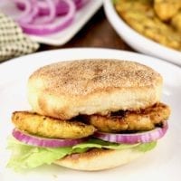 BBQ Chicken Tender Sandwich on English Muffin with red onion and lettuce