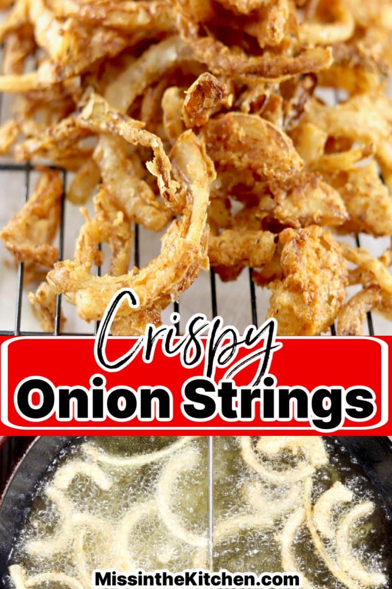 Collage: onion strings on a wire rack/battered.