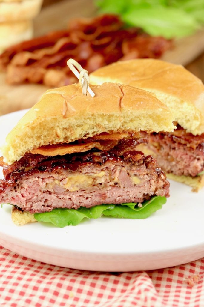  Epic Ham and Cheese Stuffed Bacon Burger - sliced