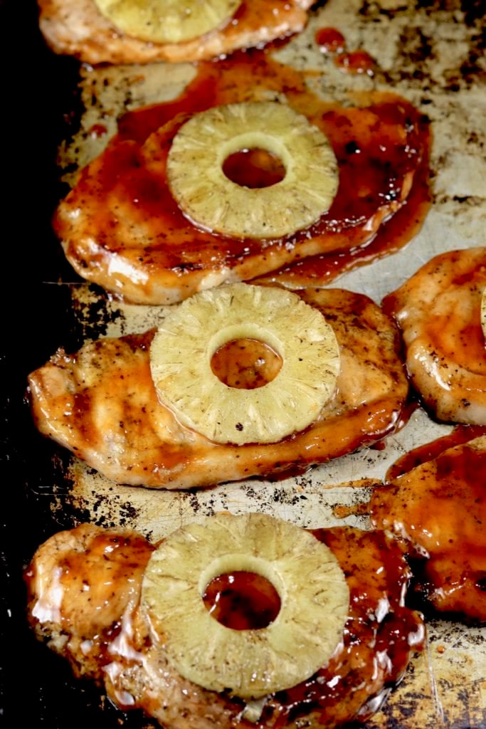 BBQ Pork Chops topped with grilled pineapple