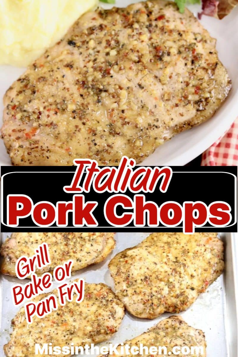 Collage of pork chop with Italian seasoning.