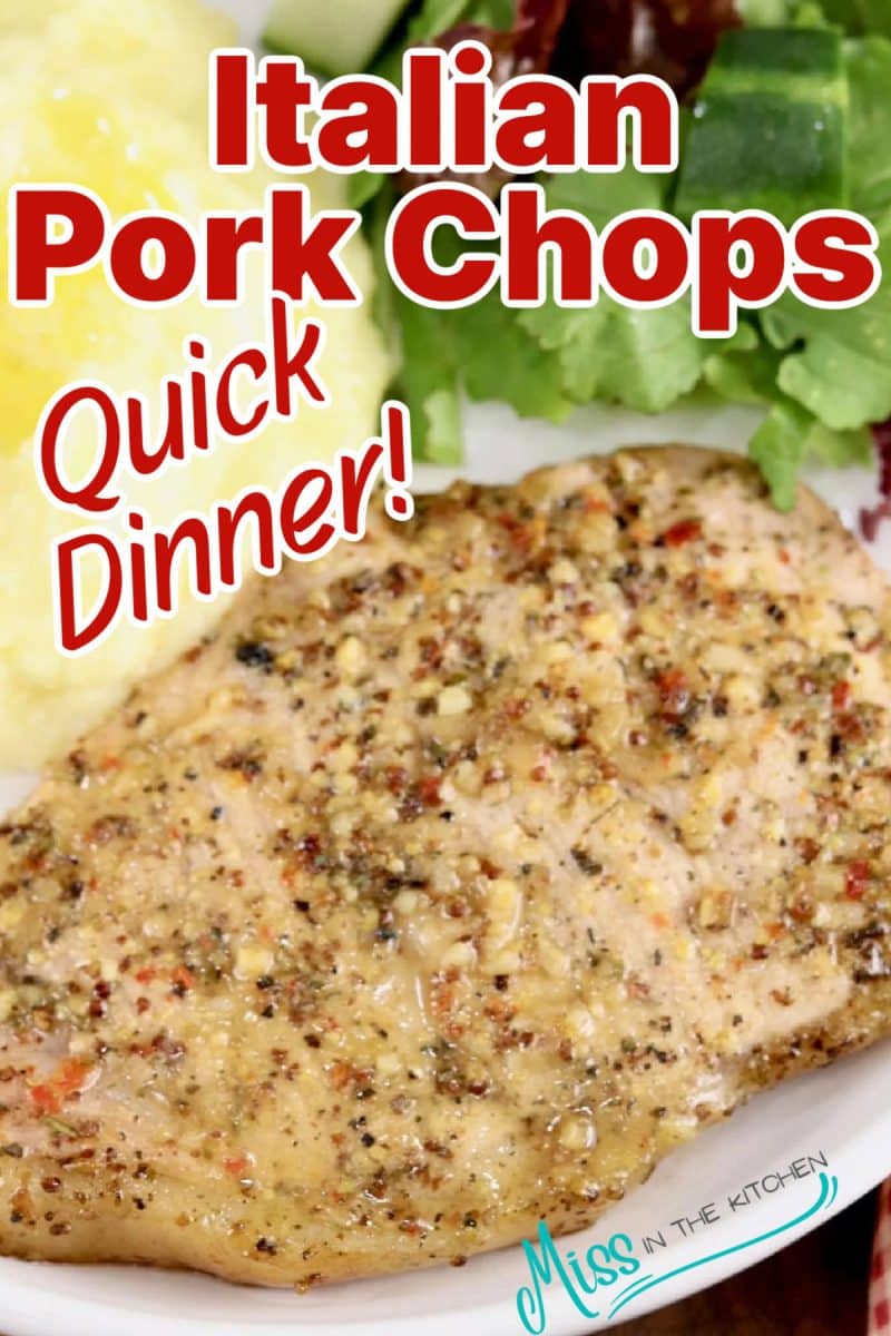 Pork chop on a plate - text overlay.