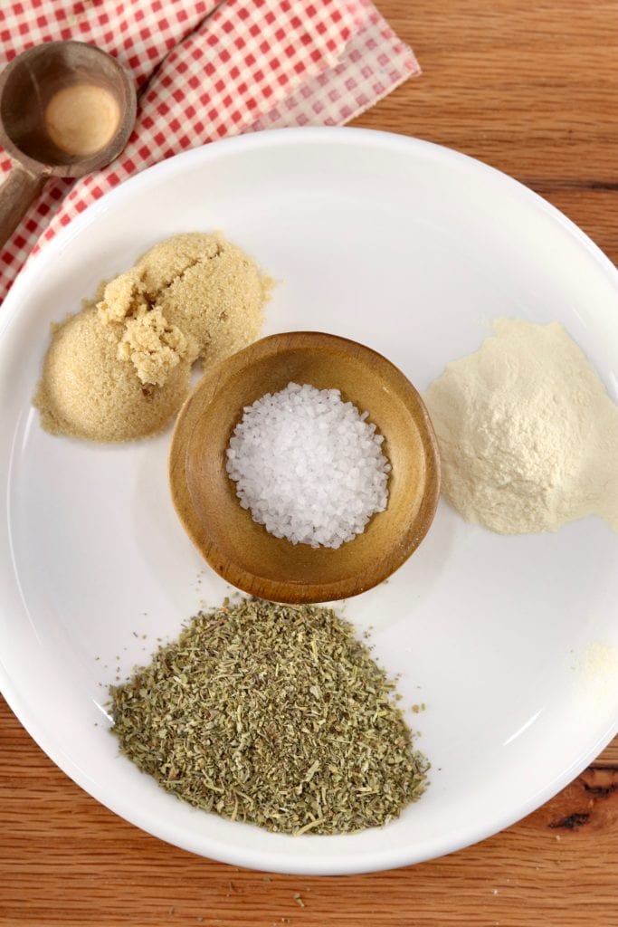 Pie Plate with garlic, Italian seasonings and brown sugar, and salt