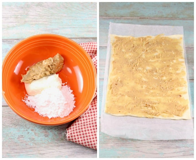 bowl with peanut butter, cream cheese and powdered sugar, puff pastry spread with peanut butter filling