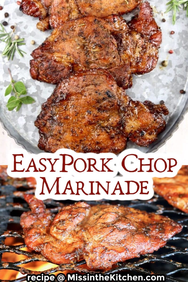 Collage: pork chops on a platter/grilling - text overlay.