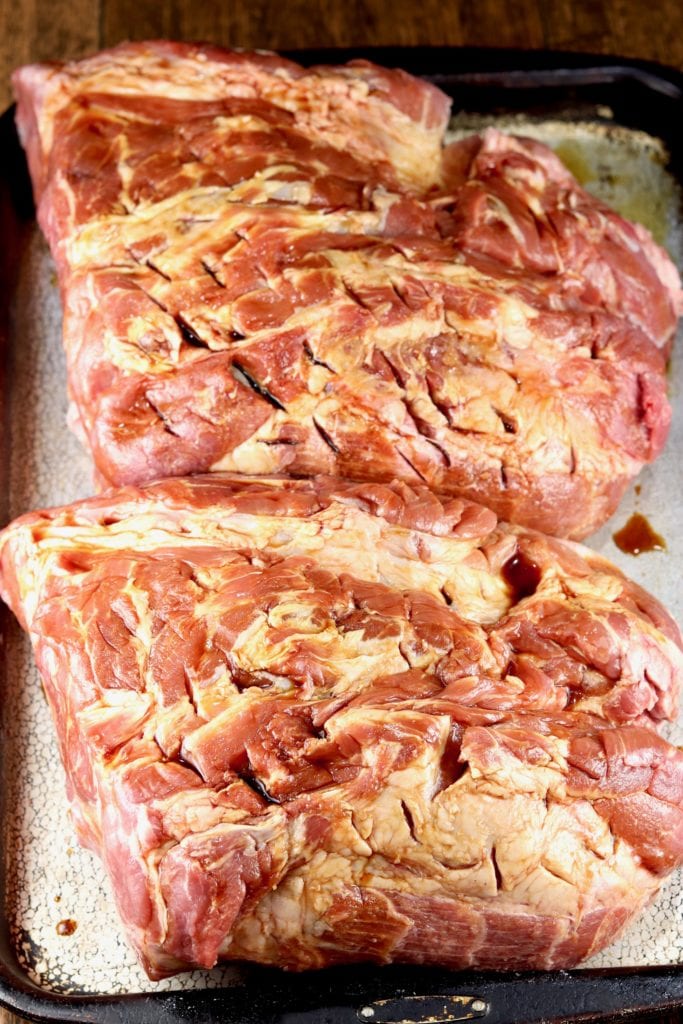 Pork Butt with knife slices coated in soy sauce