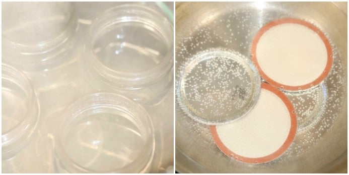 Jars and lids in hot water for canning