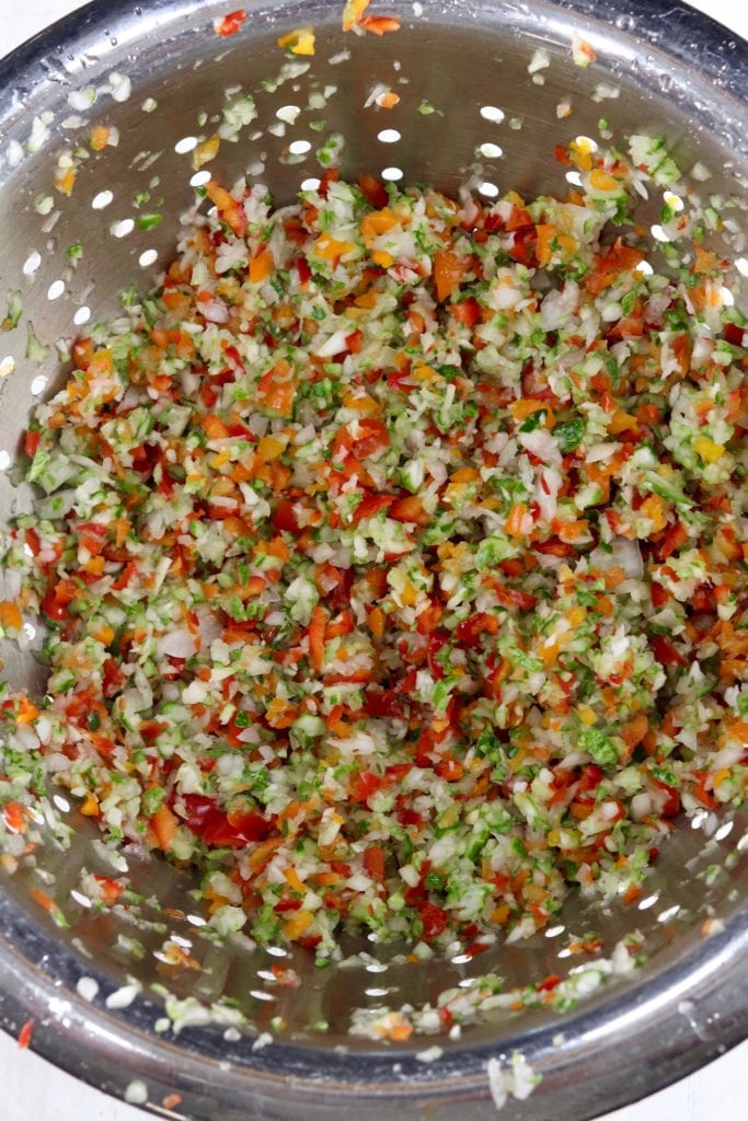 Colander of chopped vegetables for relish