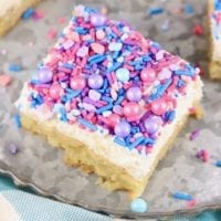 Overhead shot of cookie bars with pastel sprinkles