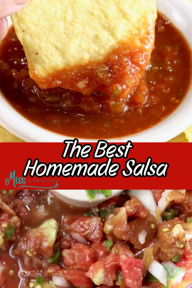 Collage: chip dipping in salsa, chopped tomatoes, vegetables - text overlay.
