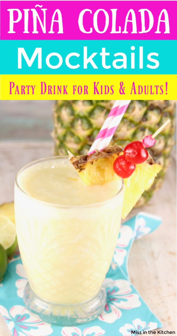 Text overlay of Pina Colada Mocktail with fresh pineapple