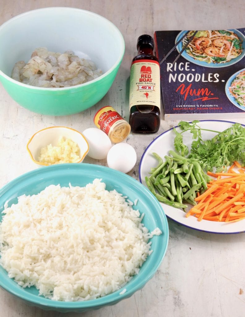 Ingredients for Shrimp Fried Rice with green beans, carrots, cilantro and fish sauce