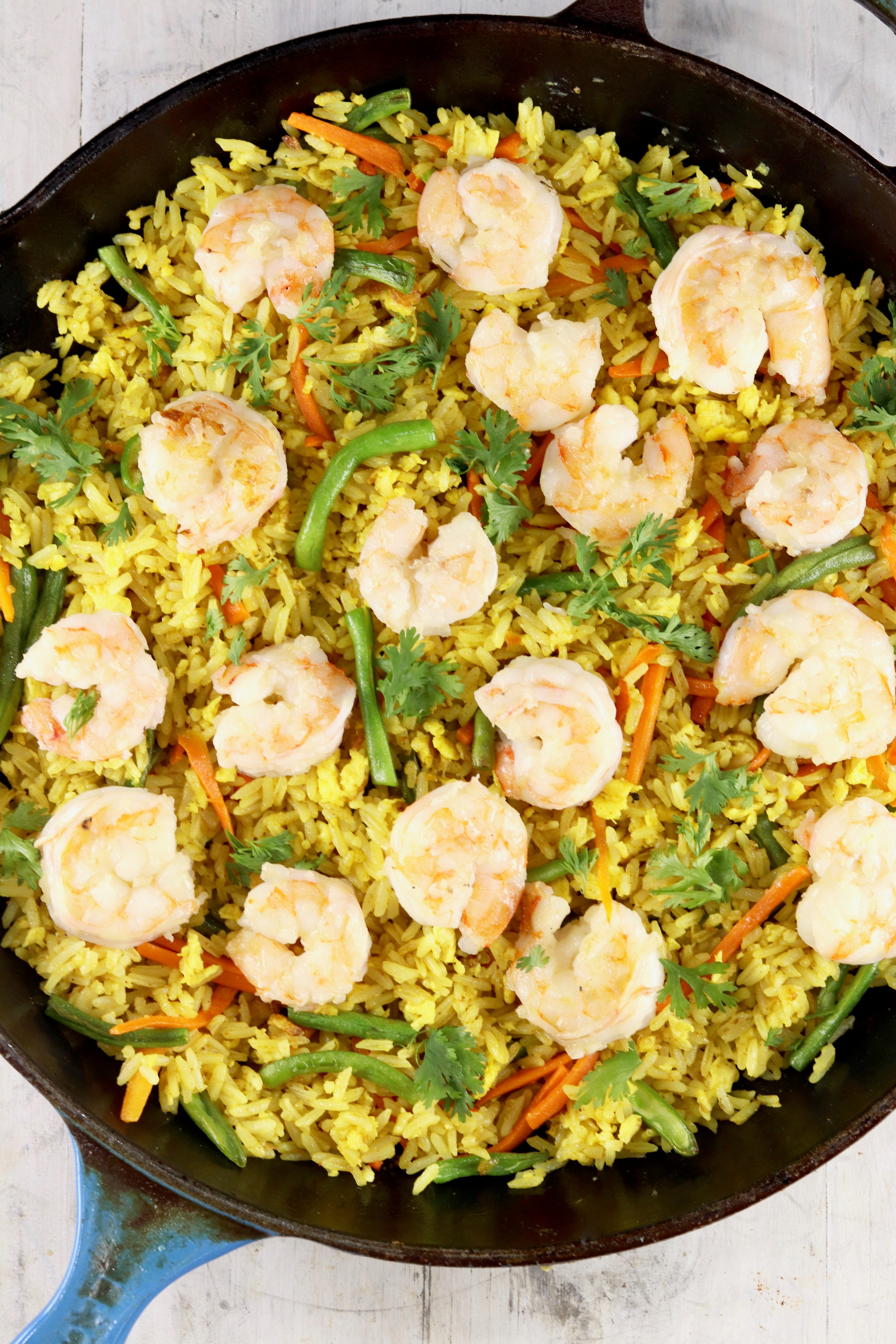 Shrimp Fried Rice in a cast iron skillet