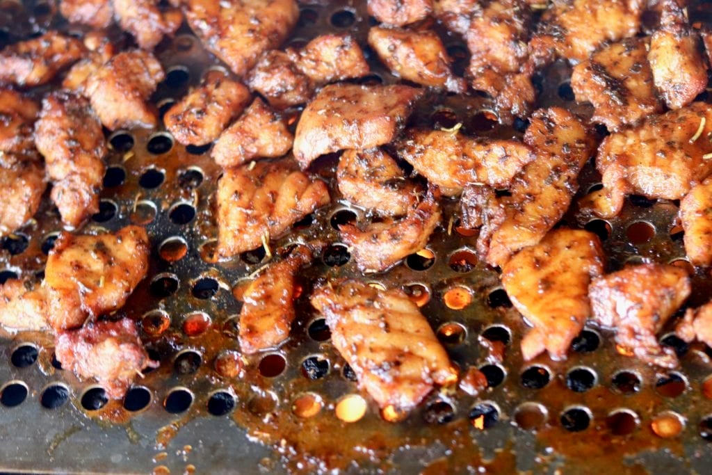 Smoked Paddlefish on a grill pan on the grill