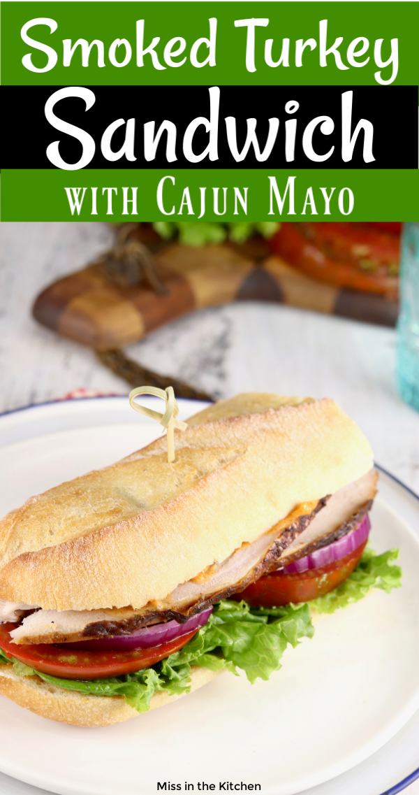 Smoked Turkey Hero Sandwich on baguette with text overlay