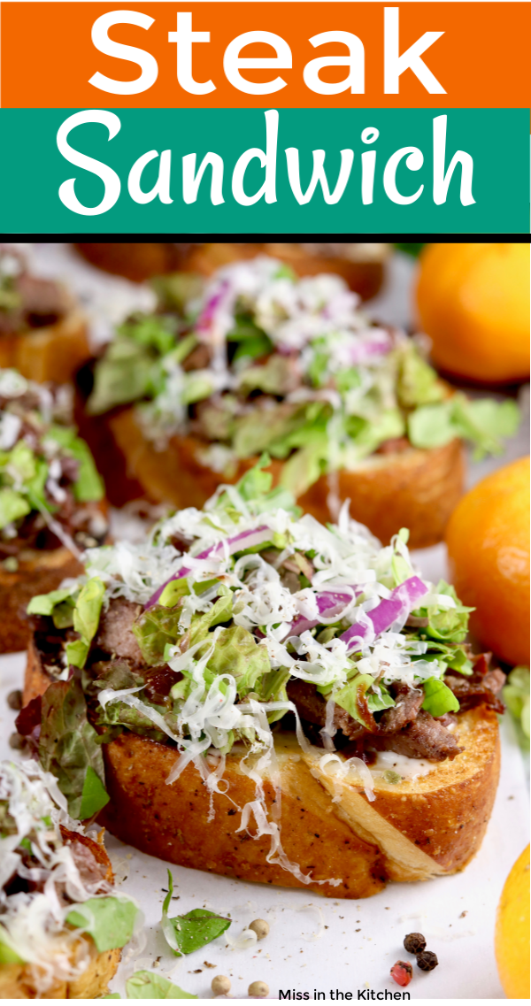 Steak Sandwich with red onion, lettuce, cheese - text overlay of recipe title