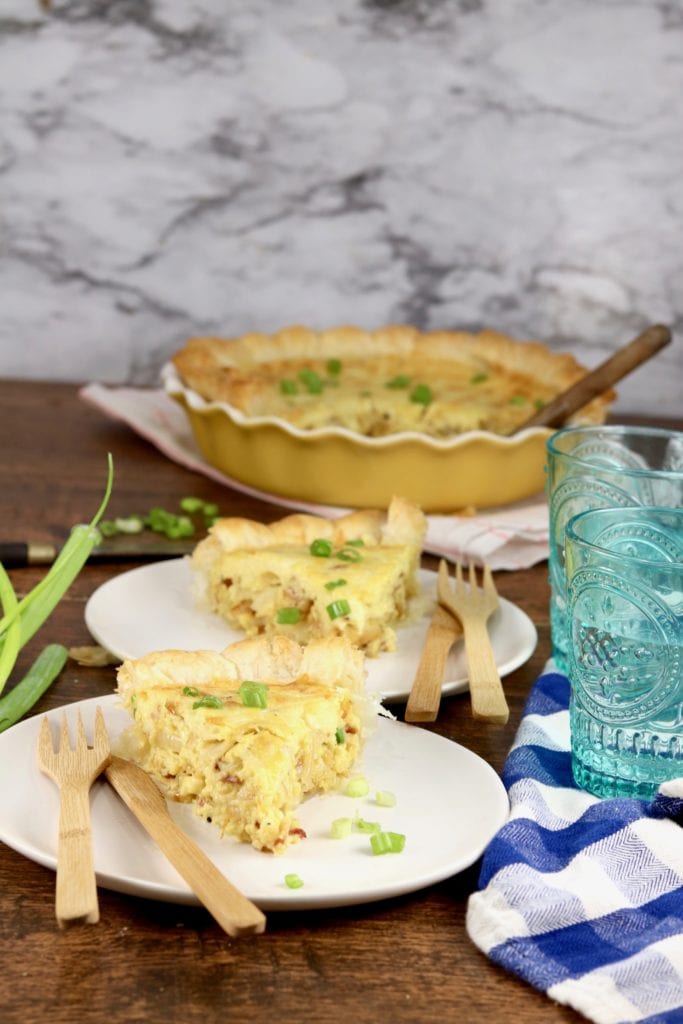 Bacon Cheddar Quiche slices on small plates
