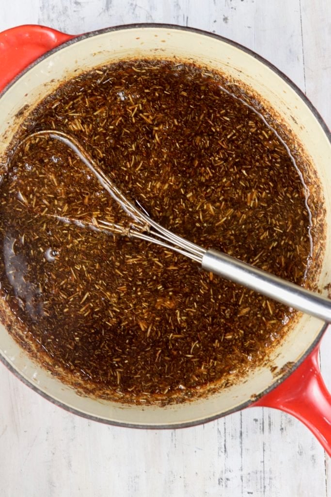 Easy Marinade in a Le Creuset Pan with whisk