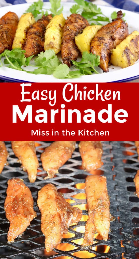 Chicken on the grill with finished dish of grilled chicken tenders and pineapple