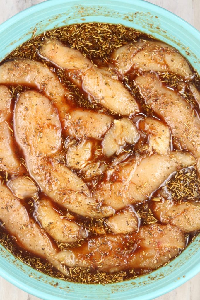 Chicken tenders covered in a coffee and brown sugar marinade. 