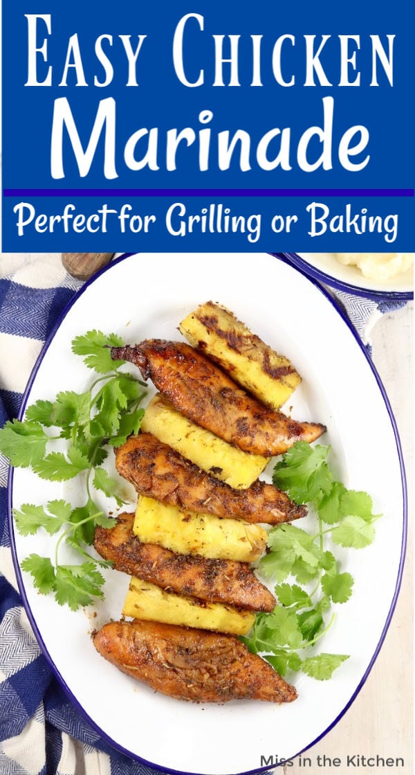 Marinated and grilled chicken with pineapple on a white plate