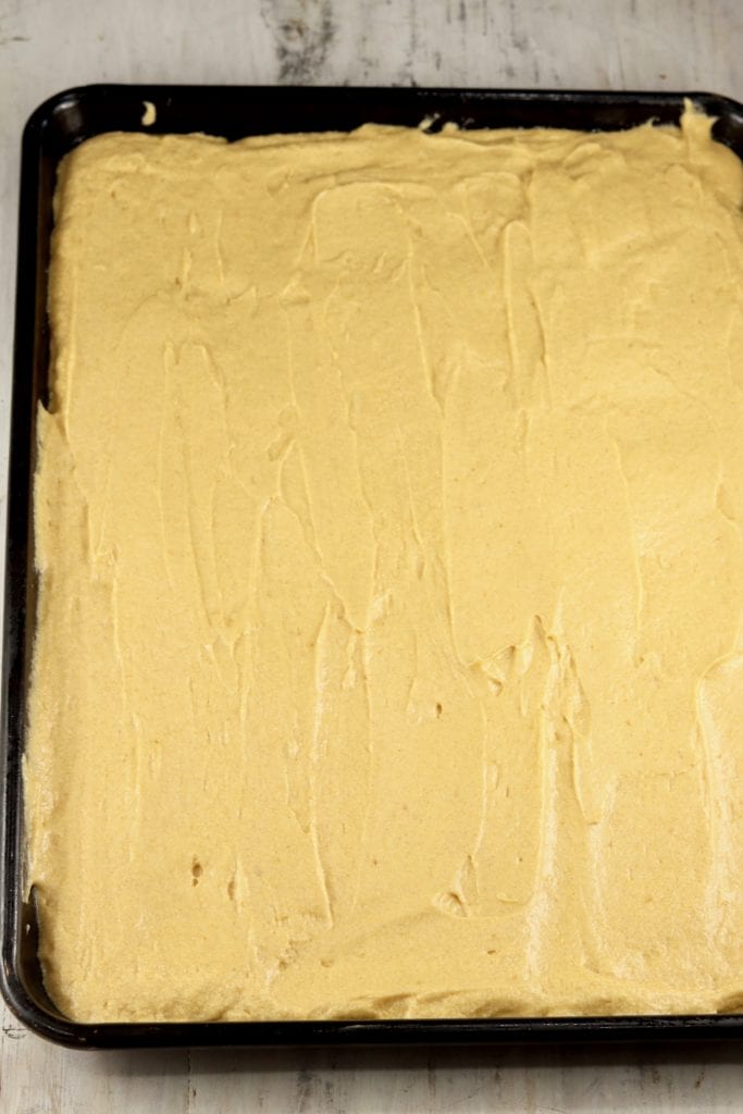 Pumpkin Sheet Cake in sheet pan ready for the oven