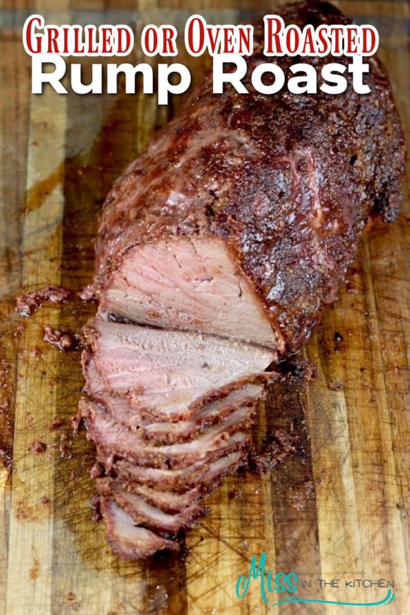 Rump roast on a cutting board with text overlay.
