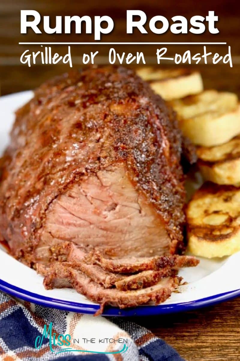 Rump roast on a platter, sliced, text overlay.