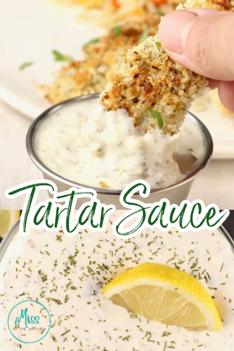 Collage: dipping fish into tartar sauce cup/ in a bowl. Text overlay.
