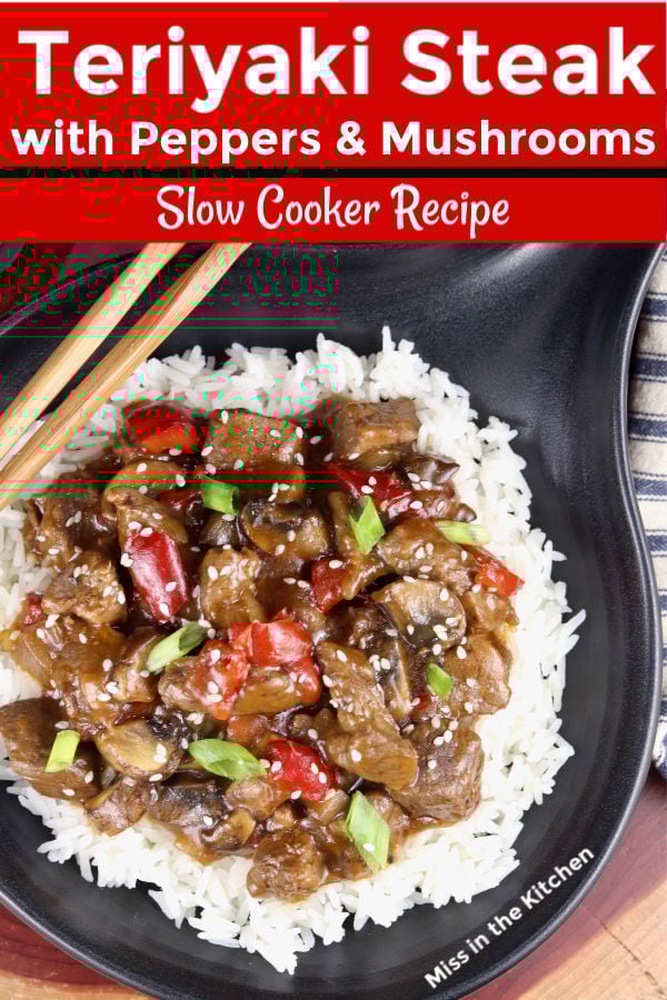 Teriyaki Steak with peppers and mushrooms over rice