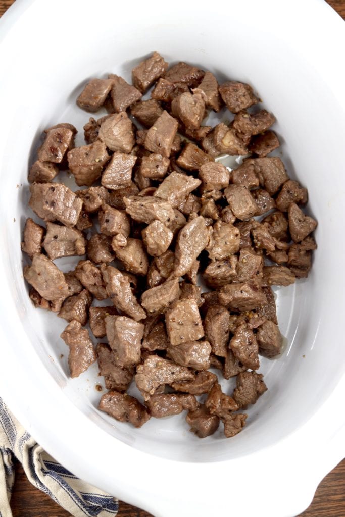 Browned steak tips in a crock pot