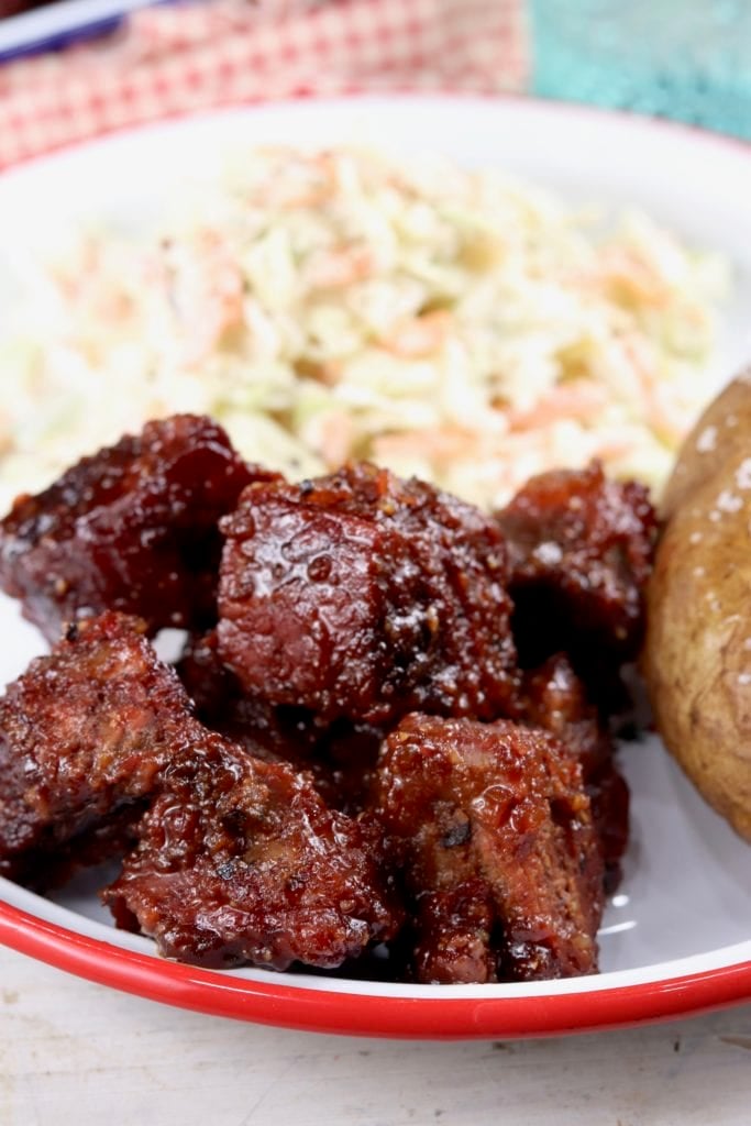 Close up of plate of barbecue beef 