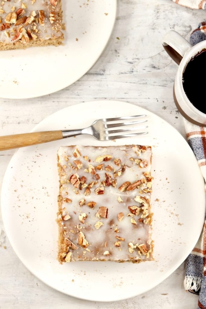 Overhead view of butter pecan sheet cake slice