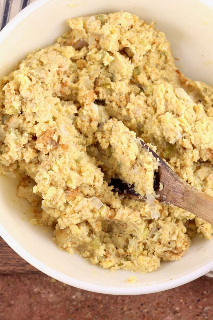 Cornbread Dressing in a bowl ready for the baking pan