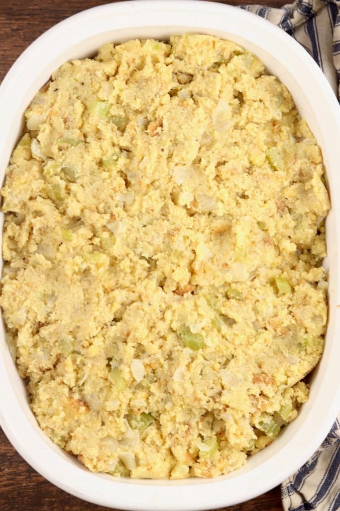 Cornbread Dressing ready for the oven