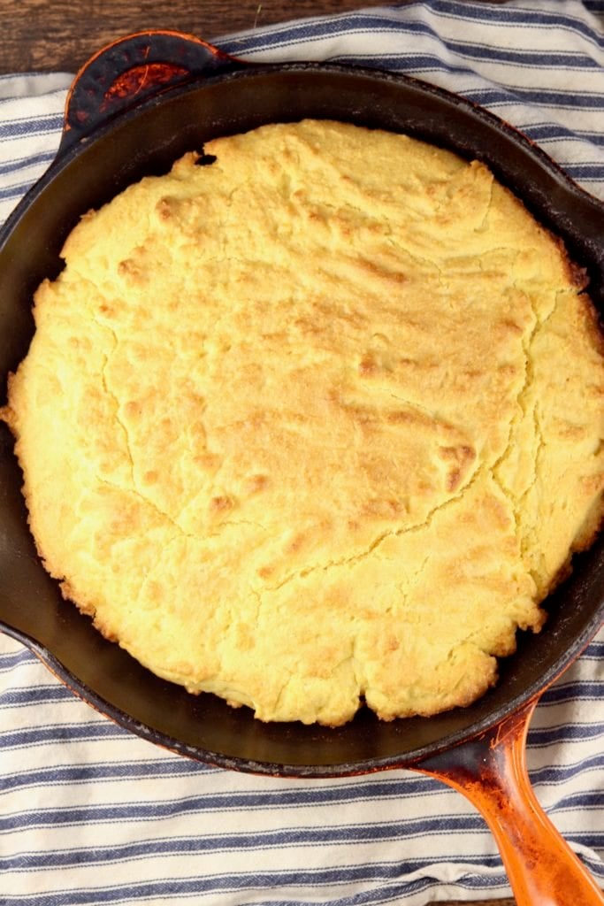 Skillet of cornbread in a cast iron skillet